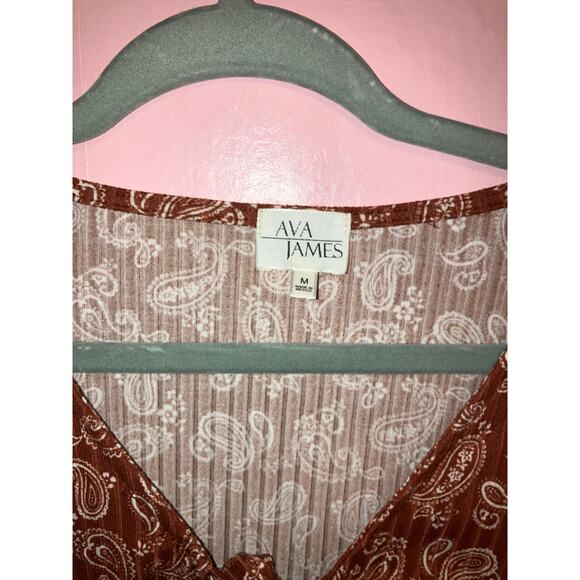 Ava James Brown Paisley Babydoll Tie Front Short Sleeve Blouse Size M - Picture 3 of 5